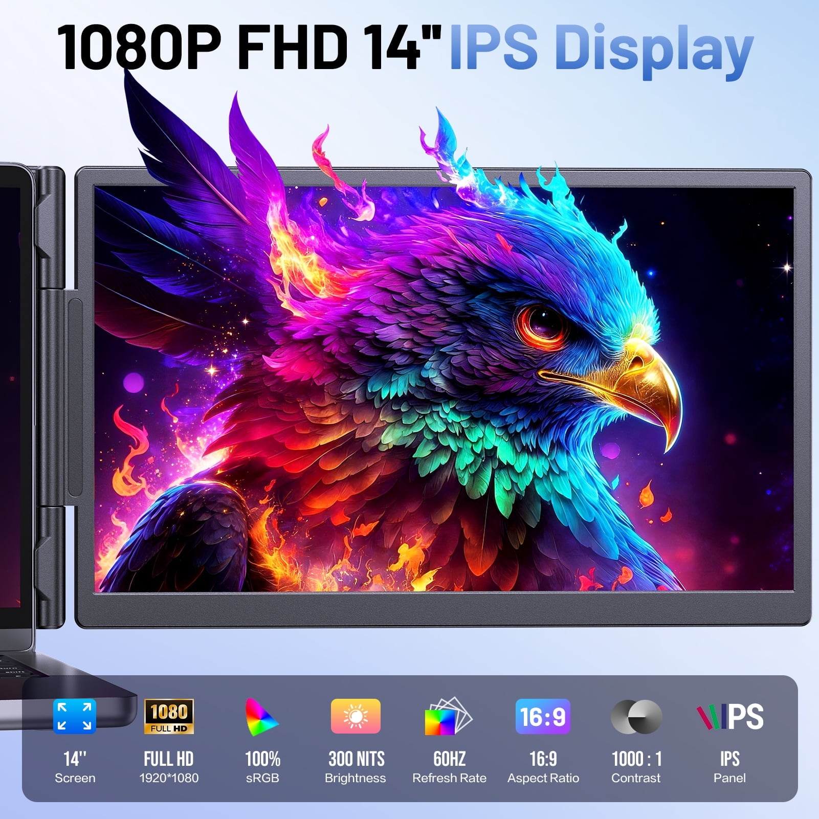 Laptop Screen Extender, 14" FHD 1080P IPS Portable Dual Monitor for Laptop, USB-C/HDMI Compatible, Plug & Play, Lightweight 1.87lb, for 13-17.3” Windows Mac Chromebook