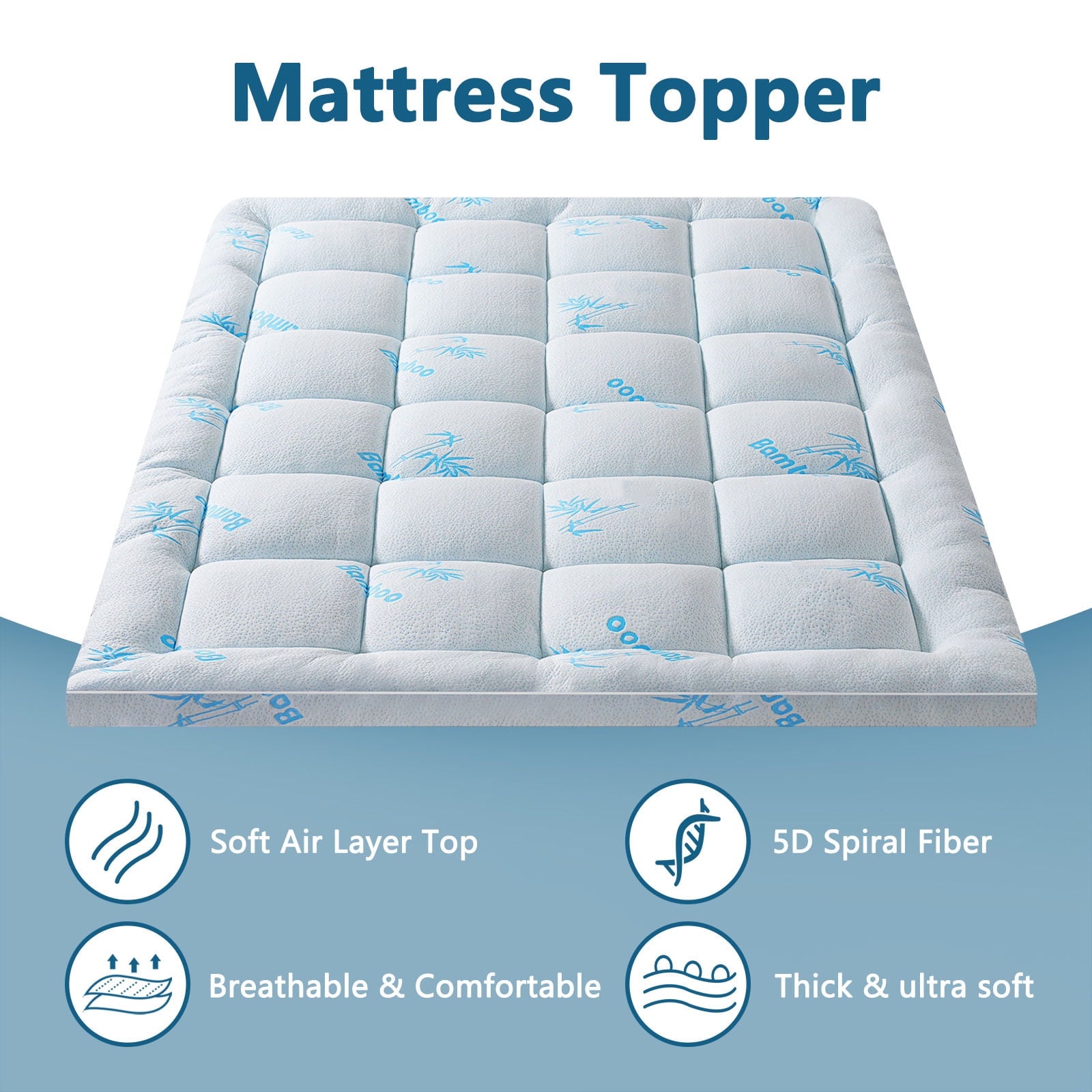 Mattress Topper Queen Size, Bamboo Extra Thick Mattress Pad 8-21" Deep Pocket Soft Down Alternative Fill (60x80 inches)Blue