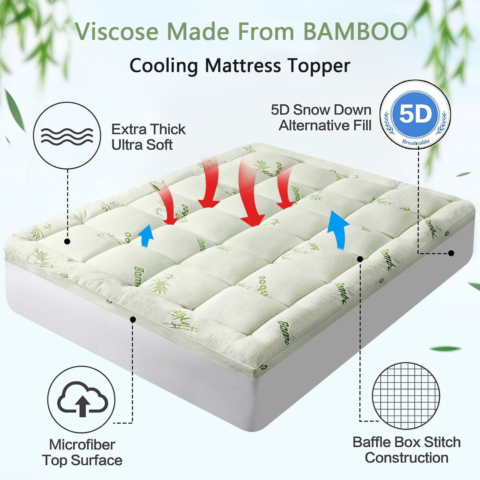 Mattress Topper Queen Size Bed,Bamboo Extra Thick Mattress Pad Cover Soft Plush Noiseless Down Alternative Fill,with 8-21" Deep Pocket