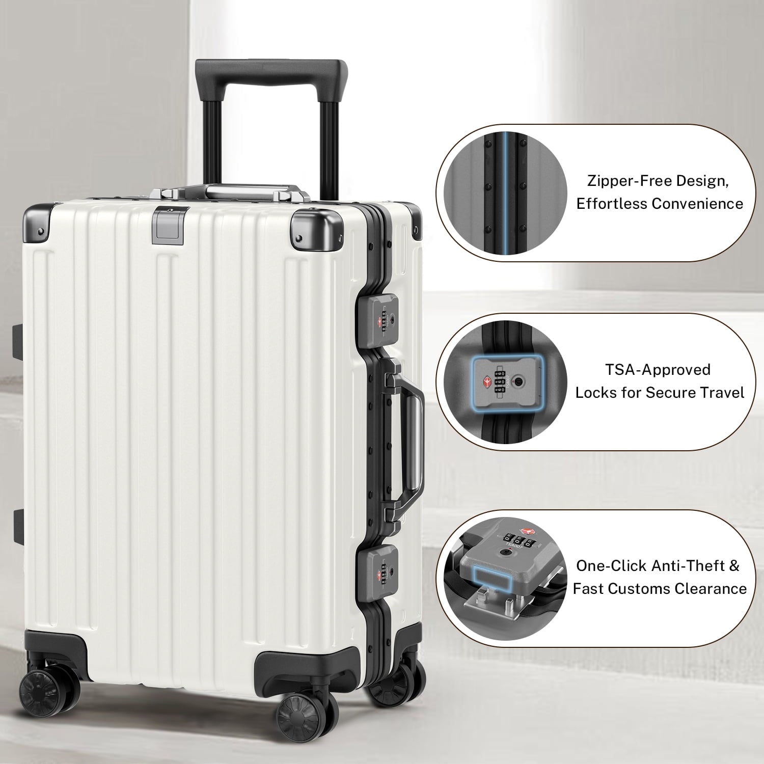 Checked Luggage Aluminum Frame Suitcase with Wheels PC ABS Hardside Zipperless with TSA Lock 28 Inch White