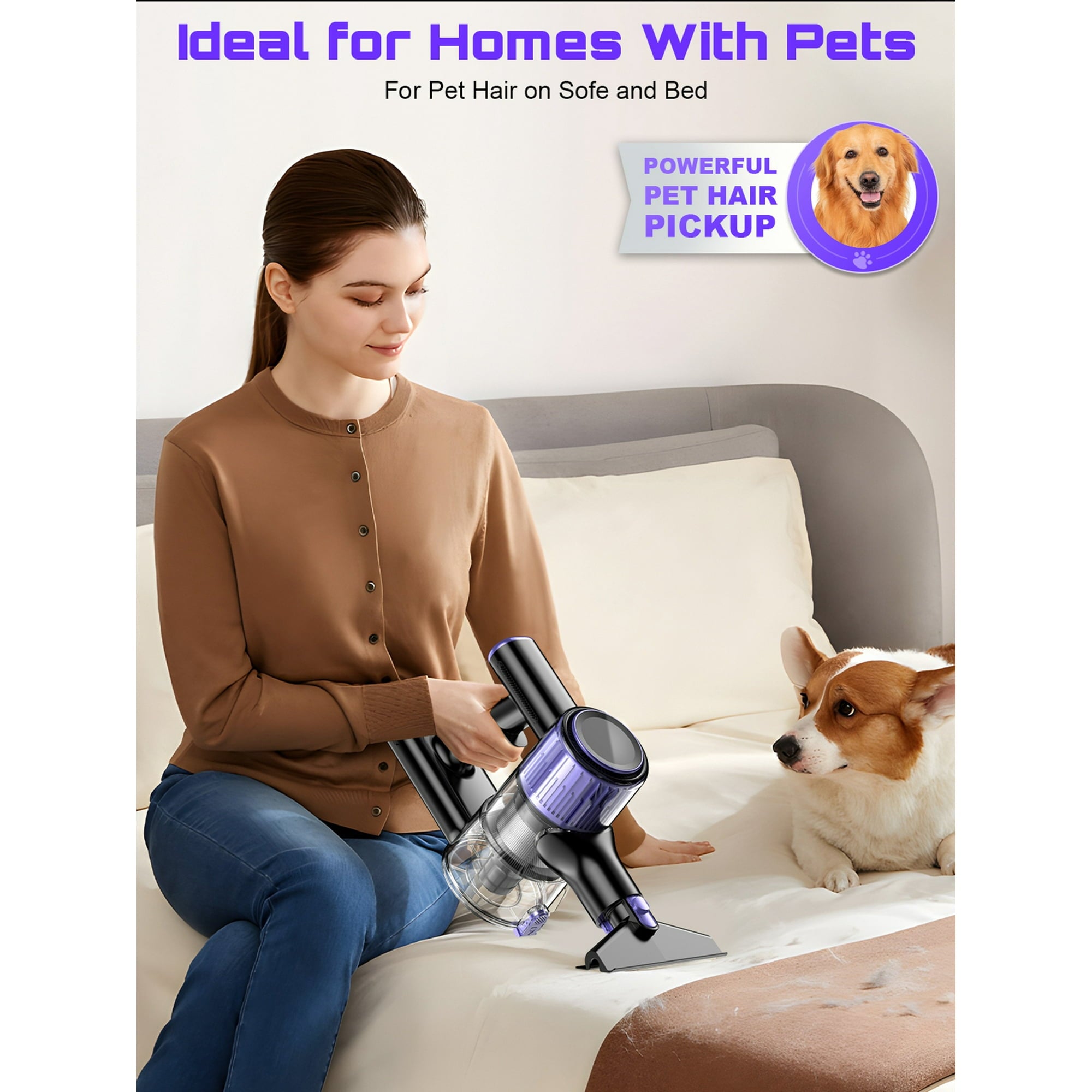 SUXIANGVAC Cordless Vacuum Cleaner, 40Kpa 8 in 1 Lightweight, Anti-Tangle Brush with Green Light, Violet