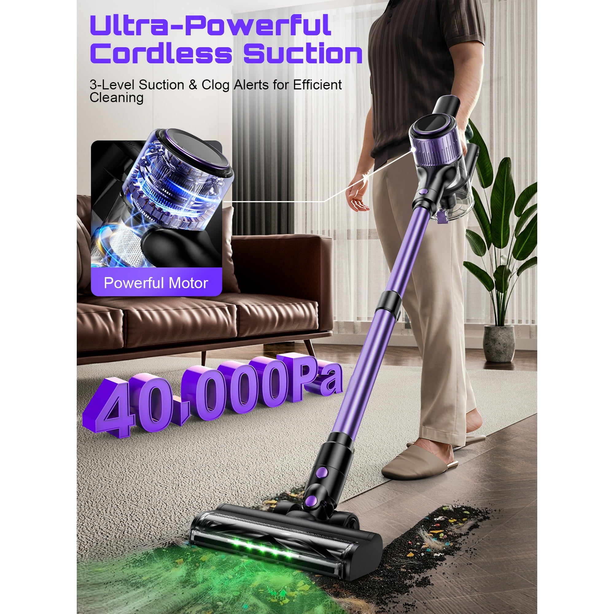 SUXIANGVAC Cordless Vacuum Cleaner, 40Kpa 8 in 1 Lightweight, Anti-Tangle Brush with Green Light, Violet