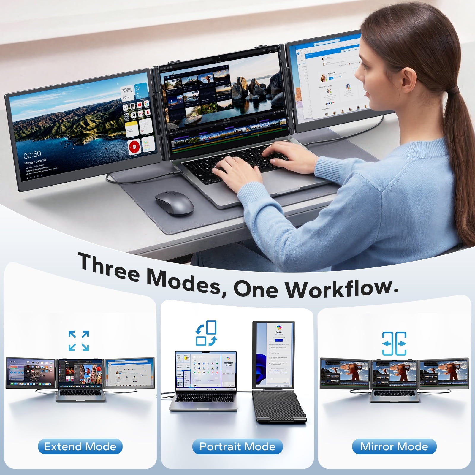 Laptop Screen Extender Dual Monitor, 14" FHD 1080P IPS Portable Monitor for Laptop, Triple Screen Setup, USB-C & HDMI Compatible, Plug & Play, Fits 13"-17.3" Laptops, Travel Laptop Monitor Extender
