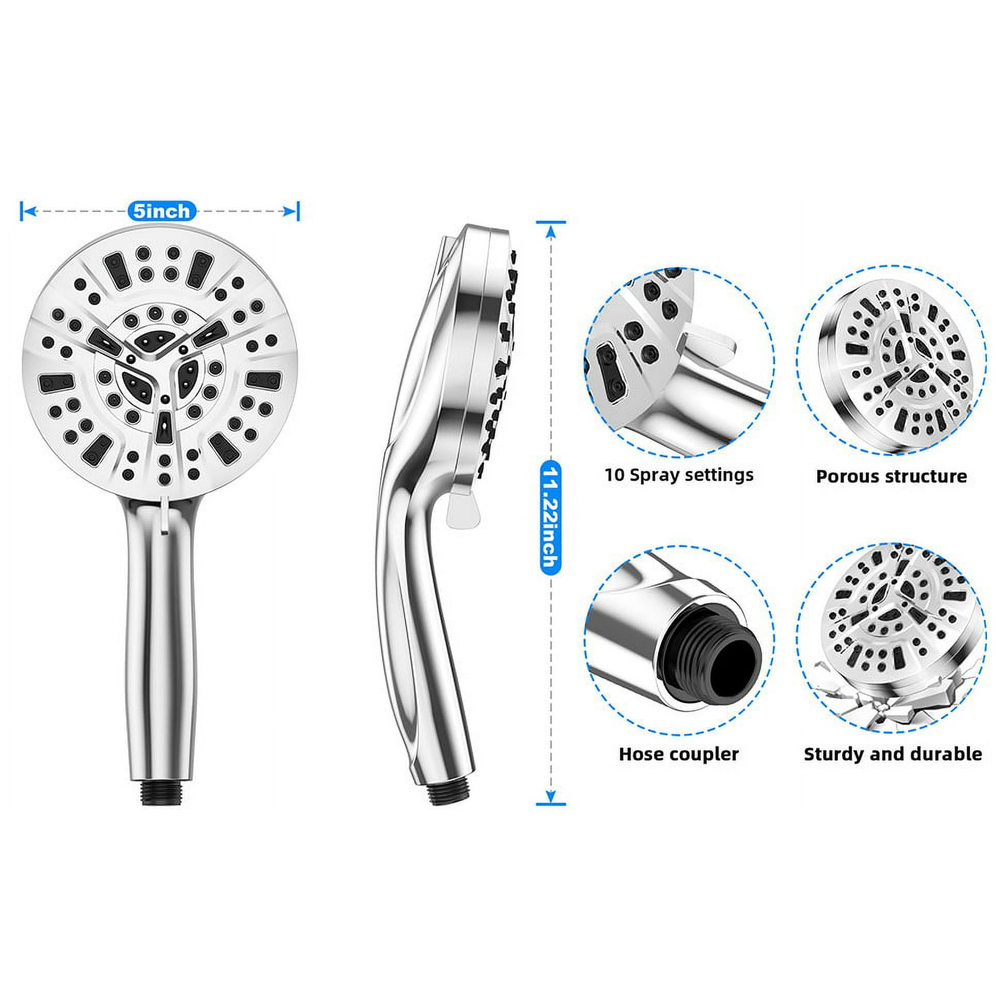 MUZPU 10-Mode High Pressure Shower Head with Power Wash, US Patent Design, 59 inch Stainless Steel Hose and Adjustable Brass Bracket, All Chrome Finish,Bathroom Cleaner Kit