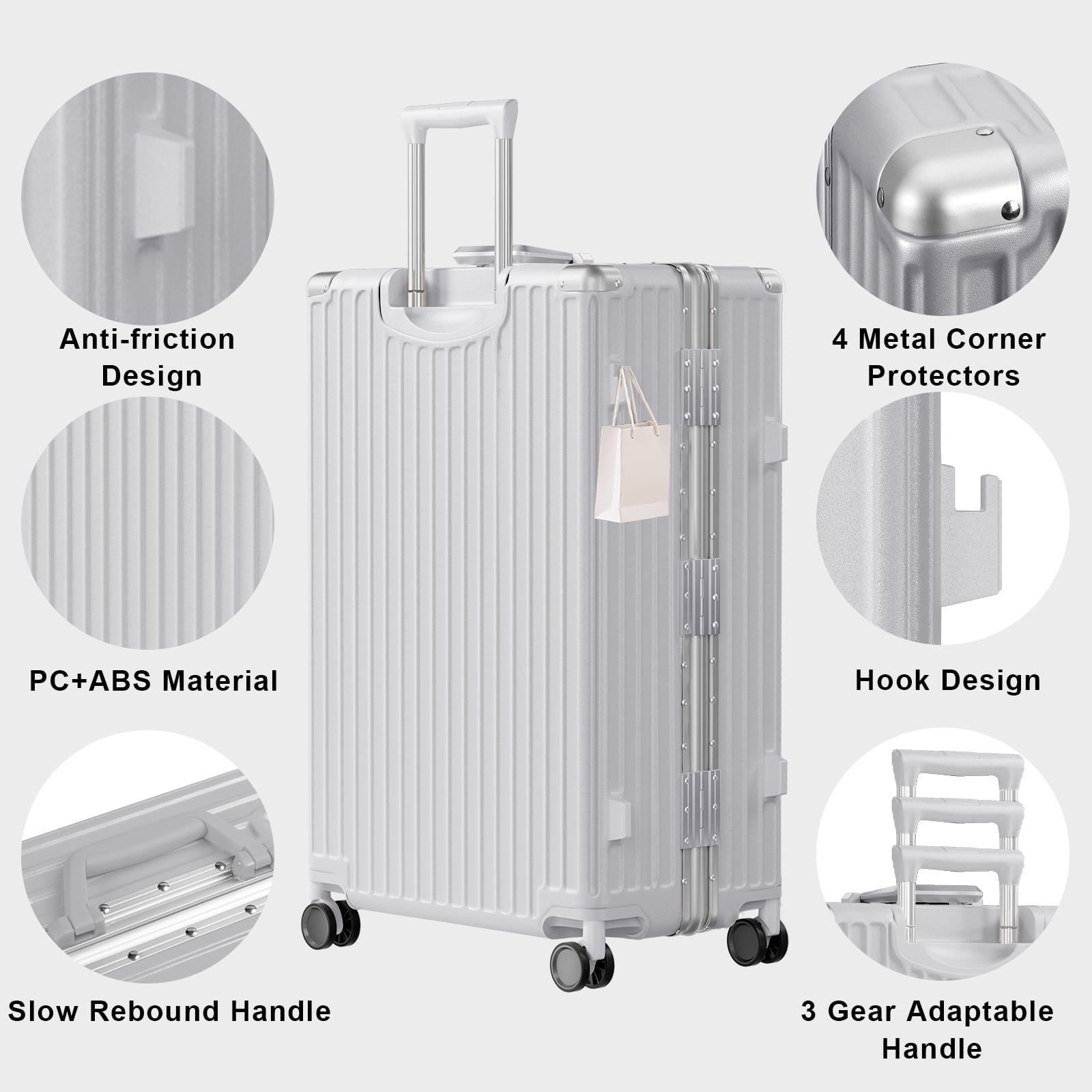 Luggage Sets 2 Piece Hard Shell PC ABS Aluminium Frame Suitcase with Spinner Wheels TSA Lock Zipperless 20 28 inch Silver