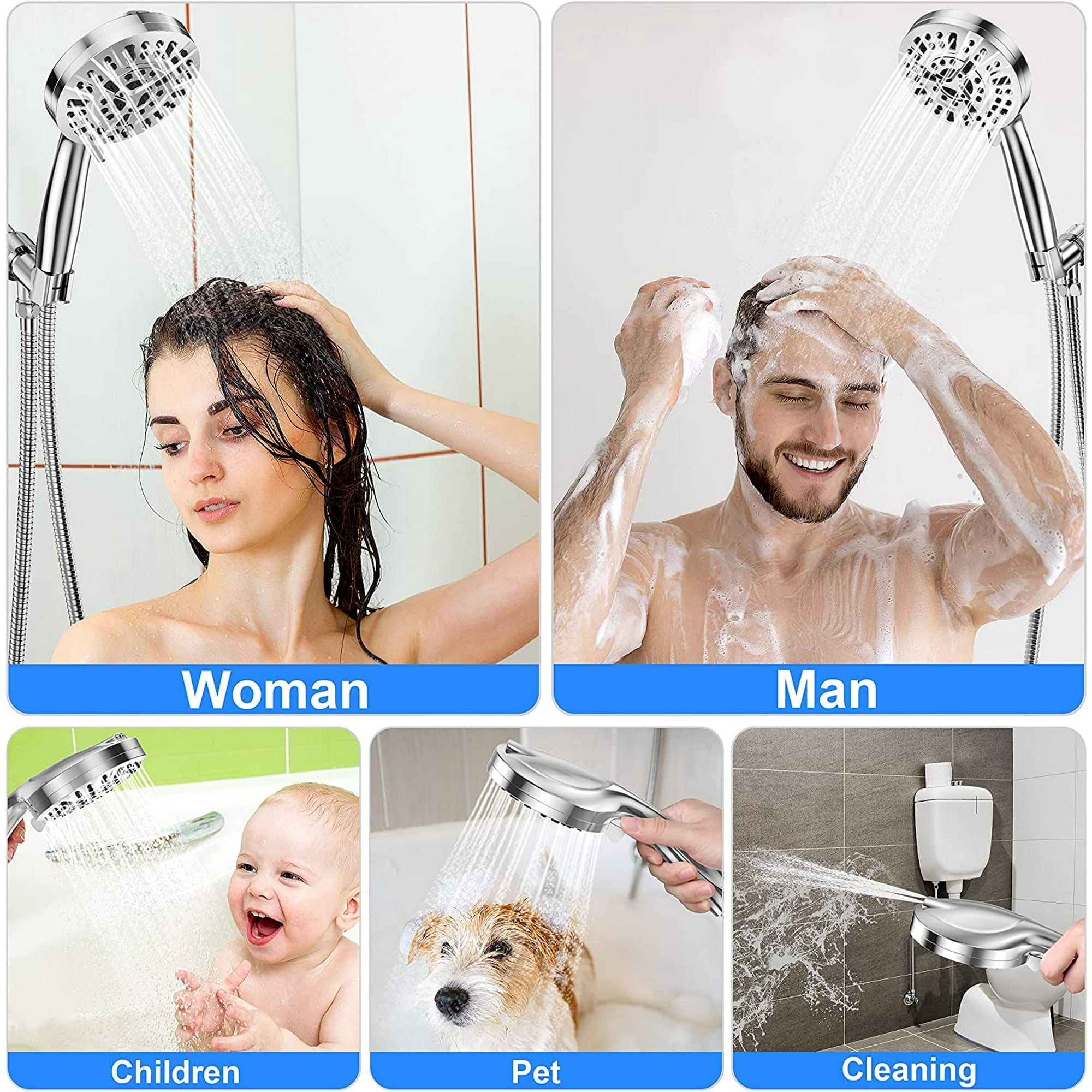 MUZPU 10-Mode High Pressure Shower Head with Power Wash, US Patent Design, 59 inch Stainless Steel Hose and Adjustable Brass Bracket, All Chrome Finish,Bathroom Cleaner Kit